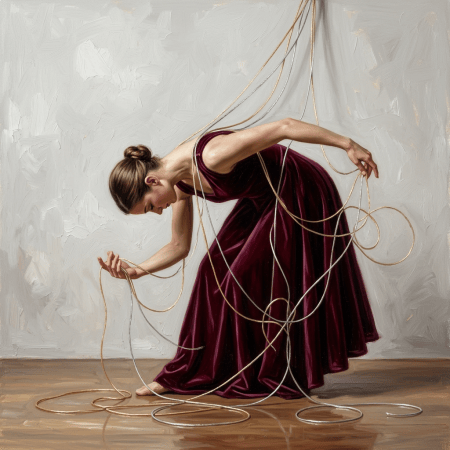 Intricate woven rope sculpture displayed on a wooden slab in a craft workshop
