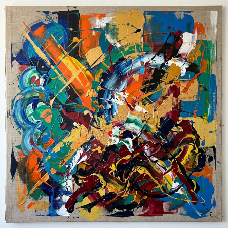 Vibrant abstract painting with layered brushstrokes in blue, orange, yellow, red, and black